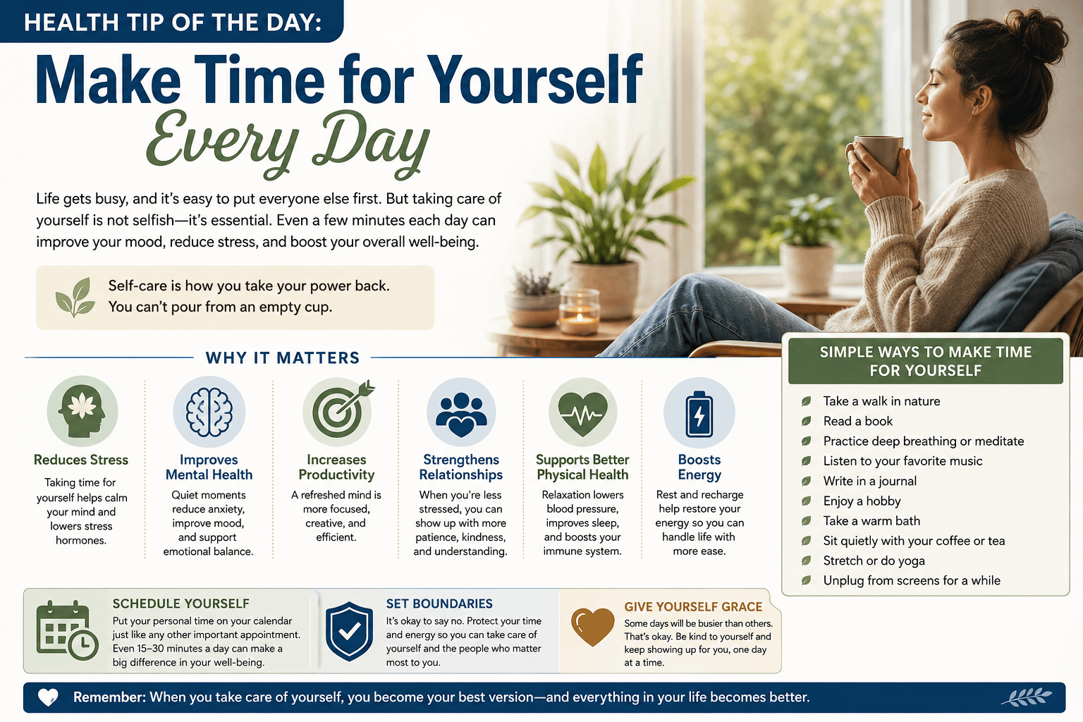 Health Tip of the Day: Make Time for Yourself Every Day 1 Health Tip of the Day: Make Time for Yourself Every Day