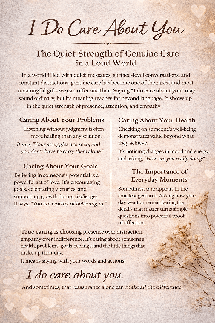 I Do Care About You: The Quiet Strength of Genuine Care in a Loud World 7 I Do Care About You: The Quiet Strength of Genuine Care in a Loud World